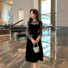 奢姿2025年秋季新款大码女装钉珠立领裙子胖妹妹拼接气质连衣裙9943860342