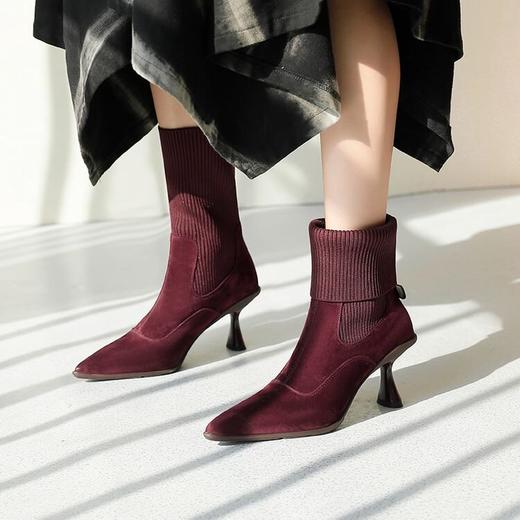 【预售5天】瘦瘦靴女秋冬新款尖头高跟鞋细跟针织弹力气质女神范中筒短靴CQSJ&HL-6079 商品图0