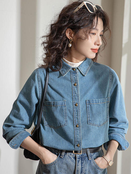 【复古百搭】港风牛仔衬衫 柔软有型 亲肤舒适 自在妥帖 对称大口袋 简约时尚 商品图0