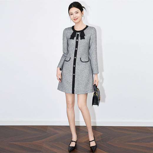 【高货wl】全新升级【铂金会员330/天猫439/差价109】(13505) 洛诗琳秋冬法式气质女装时尚小香风撞色蝴蝶结显瘦连衣裙 商品图1