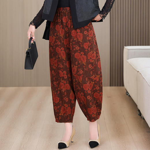 AHMyshy5225 2024秋冬季新款时尚复古印花棉麻休闲裤女宽松妈妈裤九分灯笼裤子 商品图3