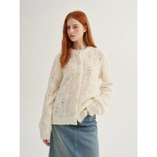 MAISON CECILE复古奶白色羊驼毛羊毛钩花针织开衫 商品图0