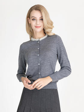 LIZZY 优雅名媛风轻奢钉珠立领羊毛小香风针织开衫外套7296