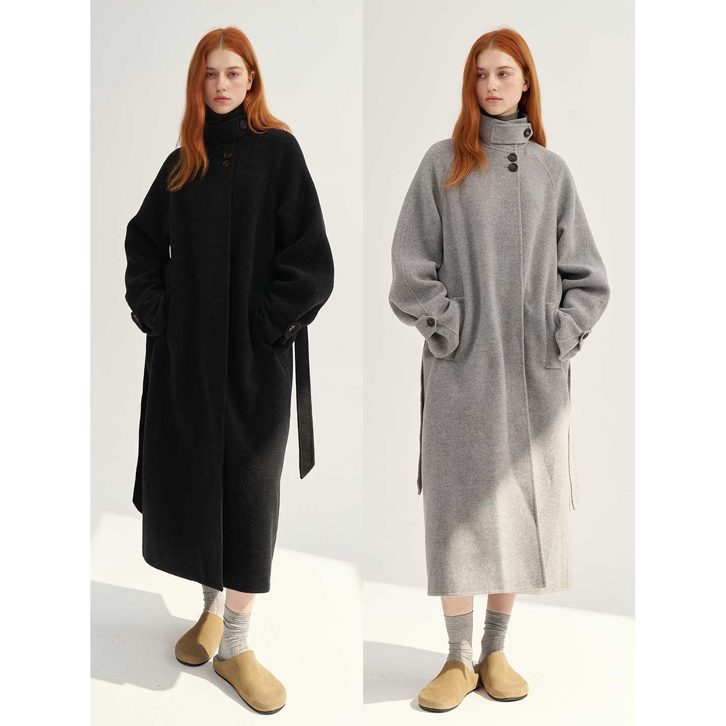MAISON CECILE深灰/浅灰羊绒羊毛软糯蓬松感宽松立领大衣