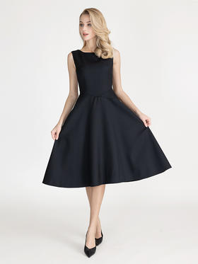 LIZZY 早秋 优雅赫本风收腰小黑裙无袖大摆立体裁剪通勤商务羊毛连衣裙7908