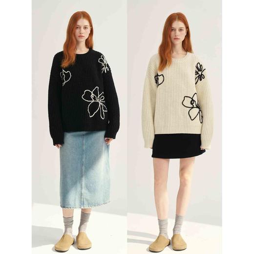 MAISON CECILE奶白/黑色du家设计花型高克重全羊毛粗针毛衣 商品图0