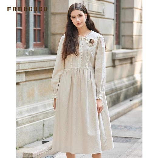 Famecoco范可儿连衣裙纯棉娃娃领高腰文艺女装长裙FAB8FA011 商品图1