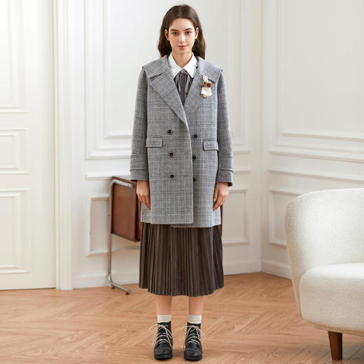 Famecoco范可儿西装式格子呢大衣外套女冬FAB8AR020 商品图2