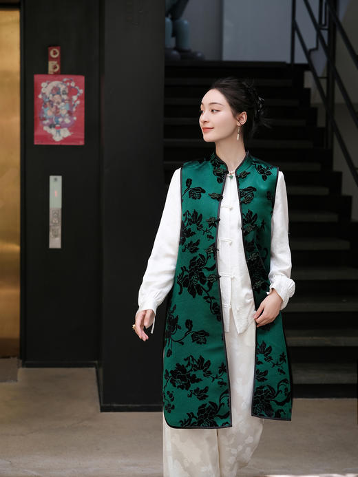 盛唐牡丹|富贵牡丹漳缎中长款马甲 商品图0