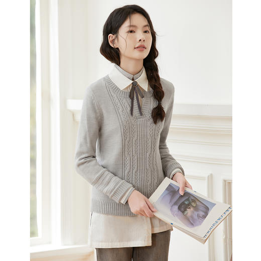 Famecoco范可儿秋冬气质显瘦圆领半开襟设计感保暖舒适套头毛衫F228DB013 商品图0