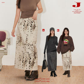 2024年新品~白标~挚爱基础线～不规则印花侧开叉半裙女秋冬中长款高腰裙子