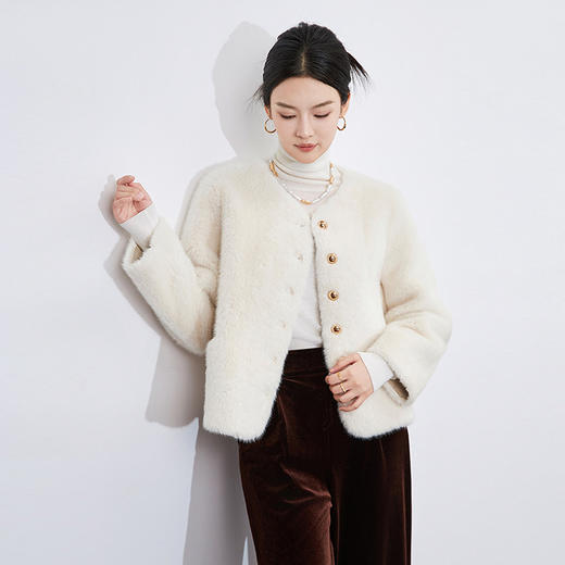 【高货wl】全新升级【铂金会员330/天猫449/差价119】(11952) 洛诗琳秋冬时尚保暖雪兰貂圆领环保毛纺皮长袖短款外套 商品图1