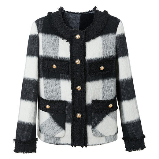 三彩2024冬季新款格纹双面呢大衣短款香风毛边圆领毛呢外套优雅女M 商品图4