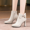 【预售5天】水钻蝴蝶结粗跟短靴，尖头白色真皮高跟靴子JQR&G3626 商品缩略图3
