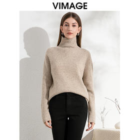 VIMAGE纬漫纪舒适保暖高领燕麦色100%绵羊毛针织衫24冬季新款VC2401302