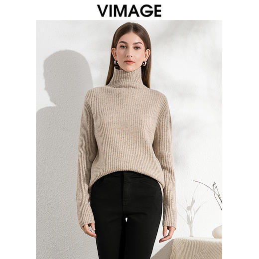 VIMAGE纬漫纪舒适保暖高领燕麦色100%绵羊毛针织衫24冬季新款VC2401302 商品图0