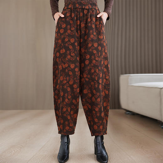 AHMyshy5225 2024秋冬季新款时尚复古印花棉麻休闲裤女宽松妈妈裤九分灯笼裤子 商品图2