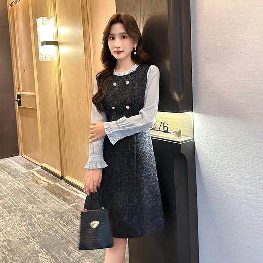 奢姿2024年秋季新款大码女装拼接减龄裙子胖妹妹立领假两件连衣裙9943855395 商品图4