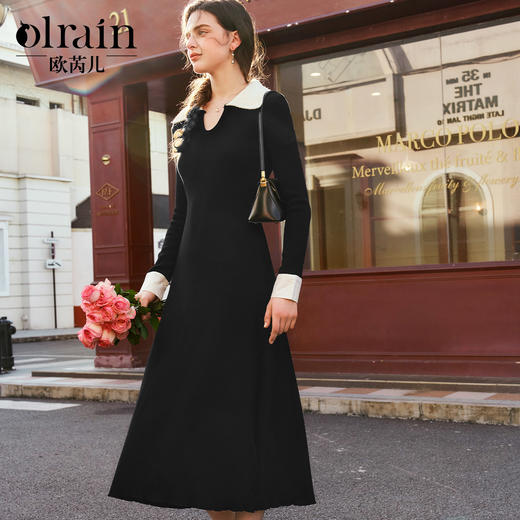 OLrain欧芮儿法式针织连衣裙女秋季2024新款撞色翻领收腰显瘦裙子 商品图0