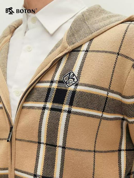 波顿秋冬季卡其蓝格子毛衣卫衣男士连帽高端针织休闲上衣 商品图5