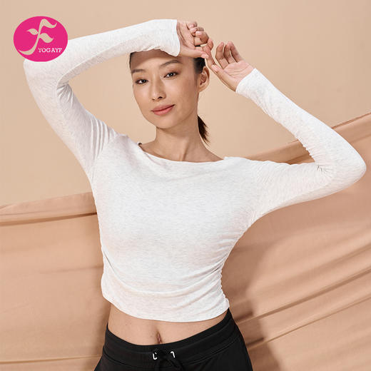 一梵新款莫代尔罗纹褶皱收腰修身上衣运动长袖上衣圆领显瘦服内搭3色瑜伽罩衫上衣 商品图4