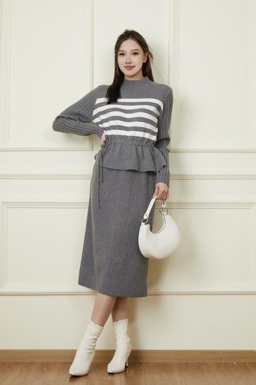 LNNNS 灰色条纹收腰设计针织连衣裙 19086 商品图2