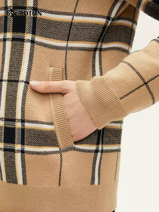 波顿秋冬季女士连帽卡其蓝黄色格子毛衣卫衣外套高端上衣 商品图4