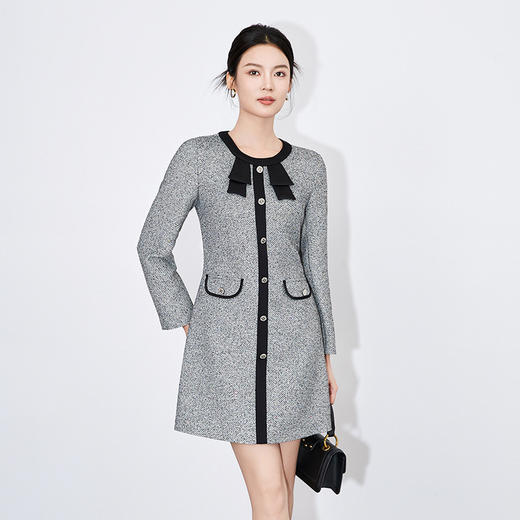 【高货wl】全新升级【铂金会员330/天猫439/差价109】(13505) 洛诗琳秋冬法式气质女装时尚小香风撞色蝴蝶结显瘦连衣裙 商品图0