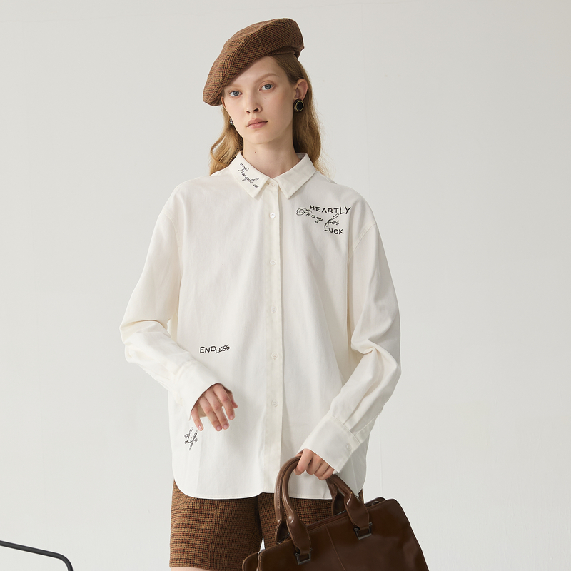 谜底大廓形衬衫女2024冬季新品休闲落肩袖字母刺绣衬衣244MC1691