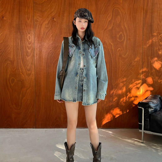 【顺丰包邮】99325 洛诗琳复古做旧喷绘牛仔外套牛仔半裙两件套516 商品图0