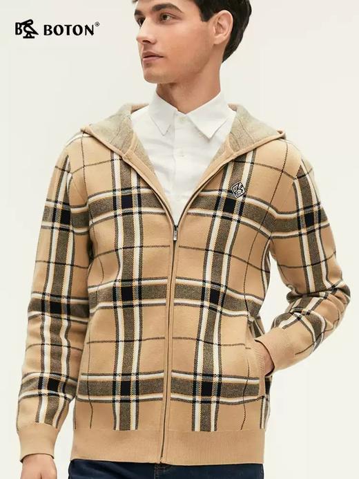波顿秋冬季卡其蓝格子毛衣卫衣男士连帽高端针织休闲上衣 商品图1