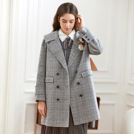 Famecoco范可儿西装式格子呢大衣外套女冬FAB8AR020 商品图0