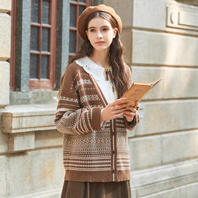 Famecoco范可儿复古v领提花针织毛衣开衫女FAB8DE020