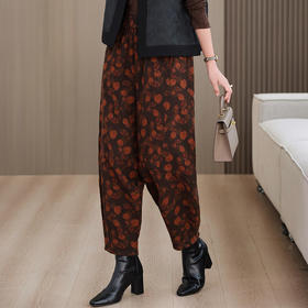 AHMyshy5225 2024秋冬季新款时尚复古印花棉麻休闲裤女宽松妈妈裤九分灯笼裤子