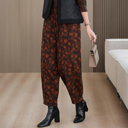 AHMyshy5225 2024秋冬季新款时尚复古印花棉麻休闲裤女宽松妈妈裤九分灯笼裤子 商品图0
