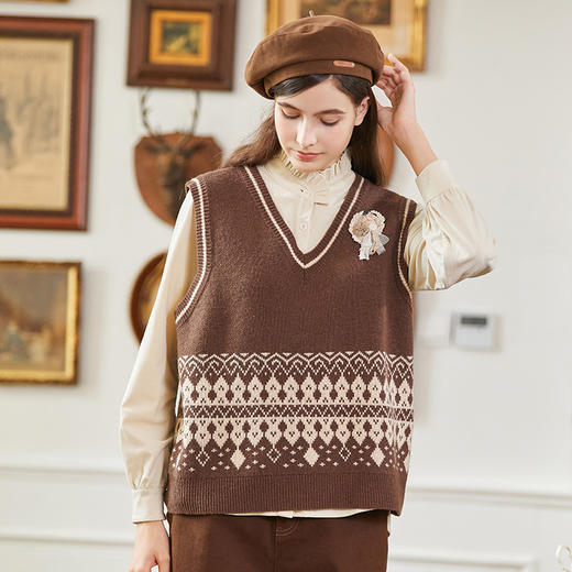 Famecoco范可儿羊毛提花针织马甲背心女冬FAB8CA022 商品图1