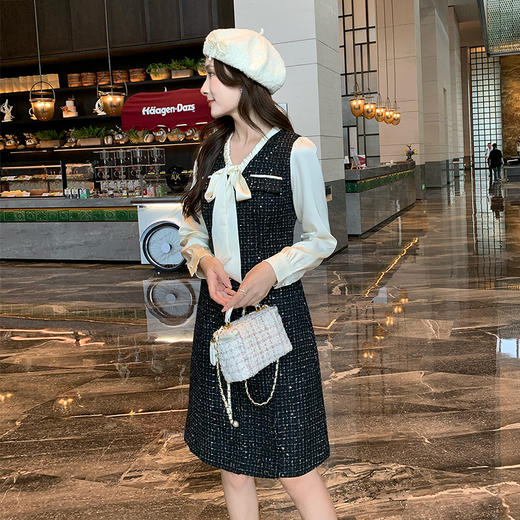 奢姿大码女装2024冬季减龄系带领小香风拼接连衣裙胖妹妹时尚裙子 商品图2