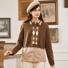 Famecoco范可儿圆领菱格提花短款毛衣女冬FAB8DB045