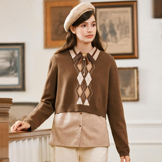 Famecoco范可儿圆领菱格提花短款毛衣女冬FAB8DB045 商品图0