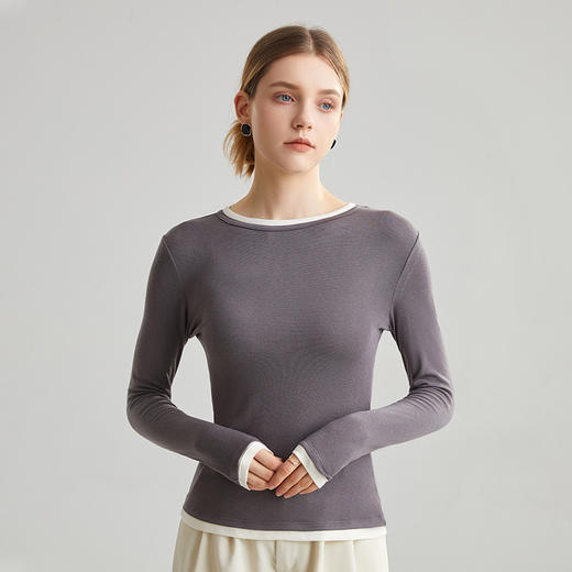 【冬季新品大放送，仅售一天】美丽诺羊毛轻肤高弹醋酸羊毛！2024假两件叠穿撞色修身圆领中弹长袖！ 商品图1