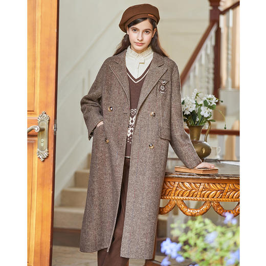Famecoco绣花徽章西装式呢大衣长款女秋冬FAB8AQ030 商品图1