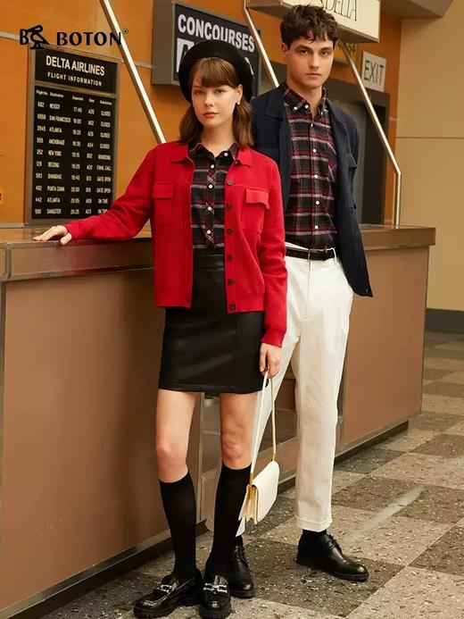 波顿秋冬季男士长袖红蓝色格子衬衫高端美式休闲上衣 商品图1