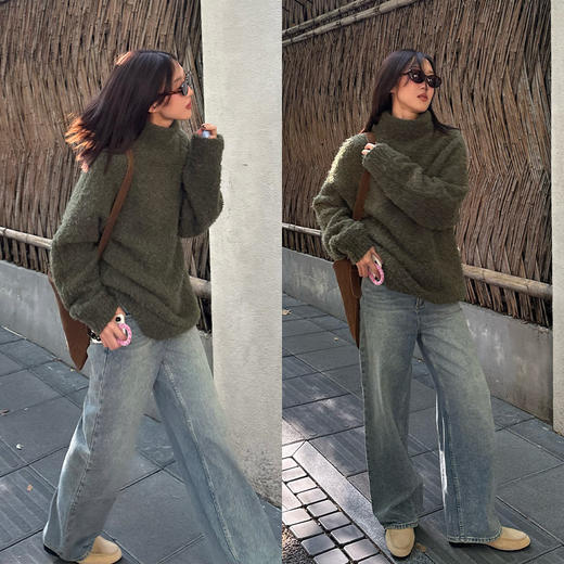 HIDEMI Snowman雪人系列加厚款粗针圈圈绒超保暖廓形高领大毛衣 摩卡棕/浅烟灰/橄榄军绿 商品图2