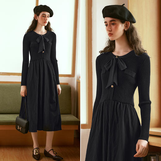 OLrain欧芮儿法式黑色连衣裙女秋季2024年新款小香风收腰A字长裙 商品图1
