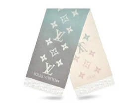 LOUIS VUITTON Reykjavik Gradient 三色渐变老花羊绒流苏 绒线围巾 男女同款 191*46cm 粉蓝渐变
