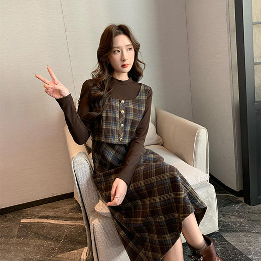 奢姿2025秋冬大码女装胖复古假两件半高领打底衫马甲背心连衣裙9944826838 商品图0