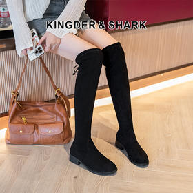经典鲨2024年冬季款过膝圆头中粗跟加绒显瘦长筒靴弹力靴女KW87-D58051