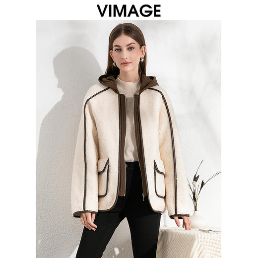 VIMAGE纬漫纪休闲连帽宽松羊毛保暖颗粒绒撞色外套冬季新款VD2403303 商品图0