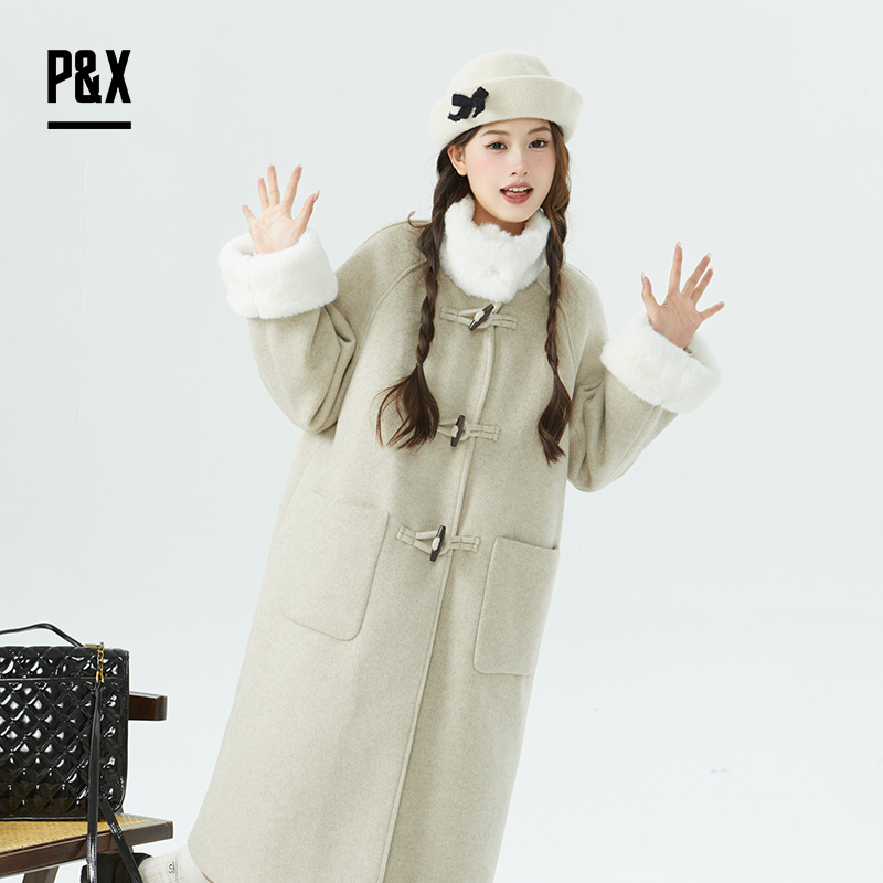 P&X设计师女装冬款加厚时尚洋气呢料长款外套 824413225 燕麦色