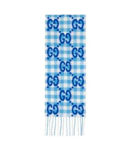 GUCCI 古驰 儿童格纹羊毛围巾 经典老花 流苏 16*140cm 蓝色